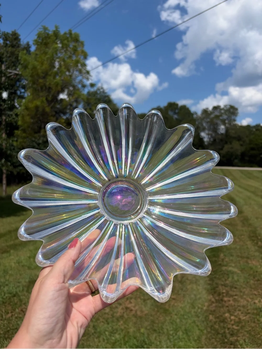IRIDESCENT CARNIVAL GLASS Bowl Scalloped Edge CELESTIAL by FEDERAL Mid Century